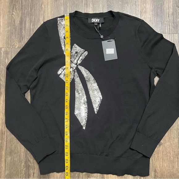 NWT DKNY Sequin Silver Bow Long Sleeves Round Neck Black Cotton Sweater Top M - Picture 11 of 12